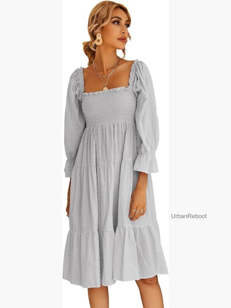 Boho Off-Shoulder Puff Sleeve Midi Dress Smocked Back Bow
